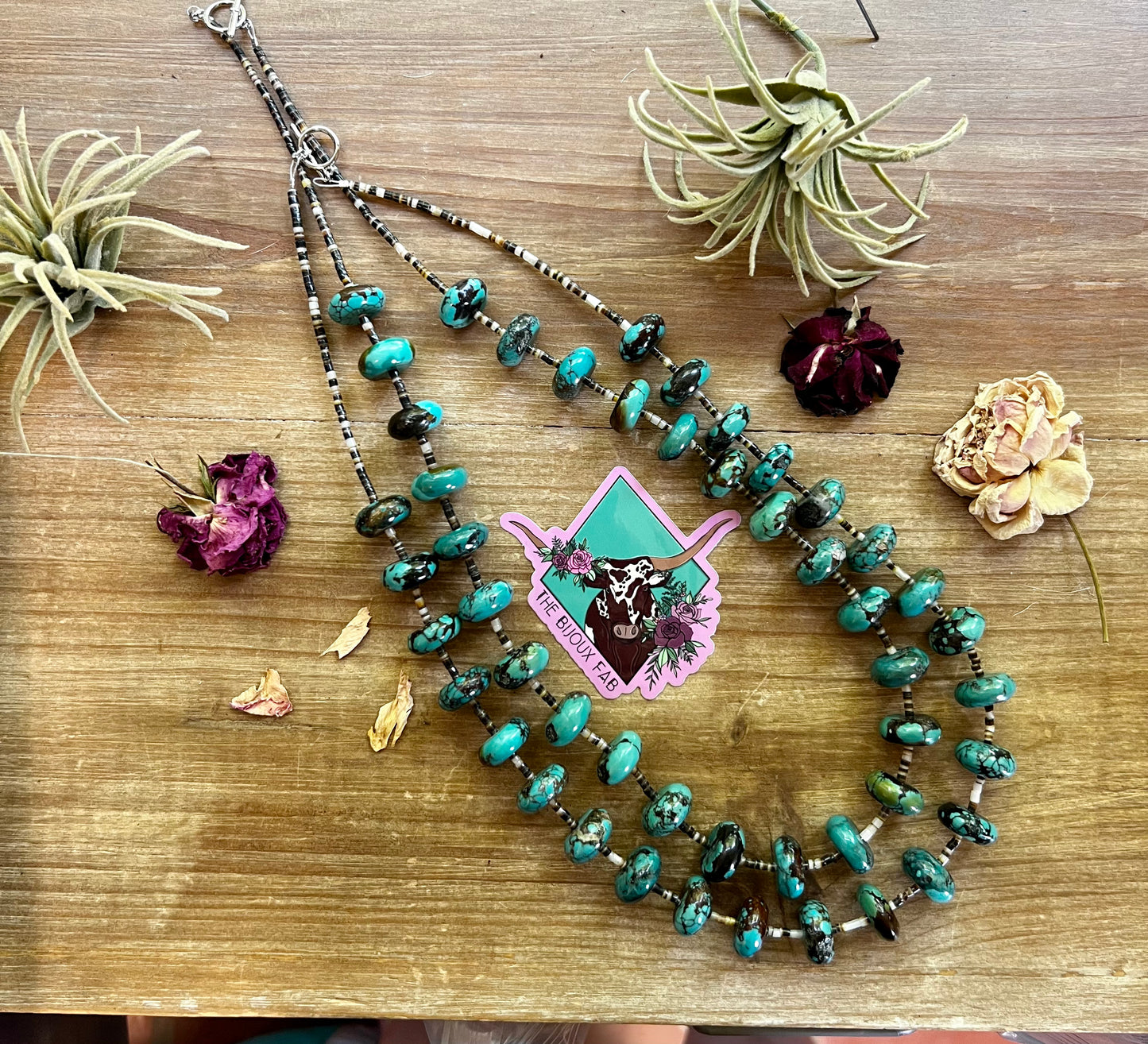 Blue turquoise rondelle necklace with shell