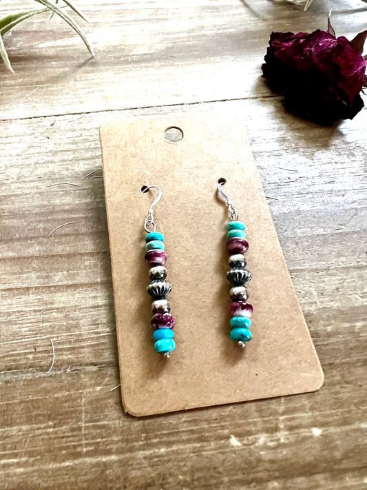 Purple and turquoise dangle earrings with Sterling Silver Pearls