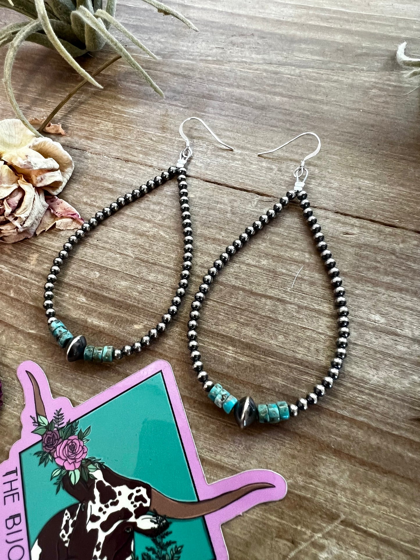 3 mm Navajos earrings teardrop with real turquoise
