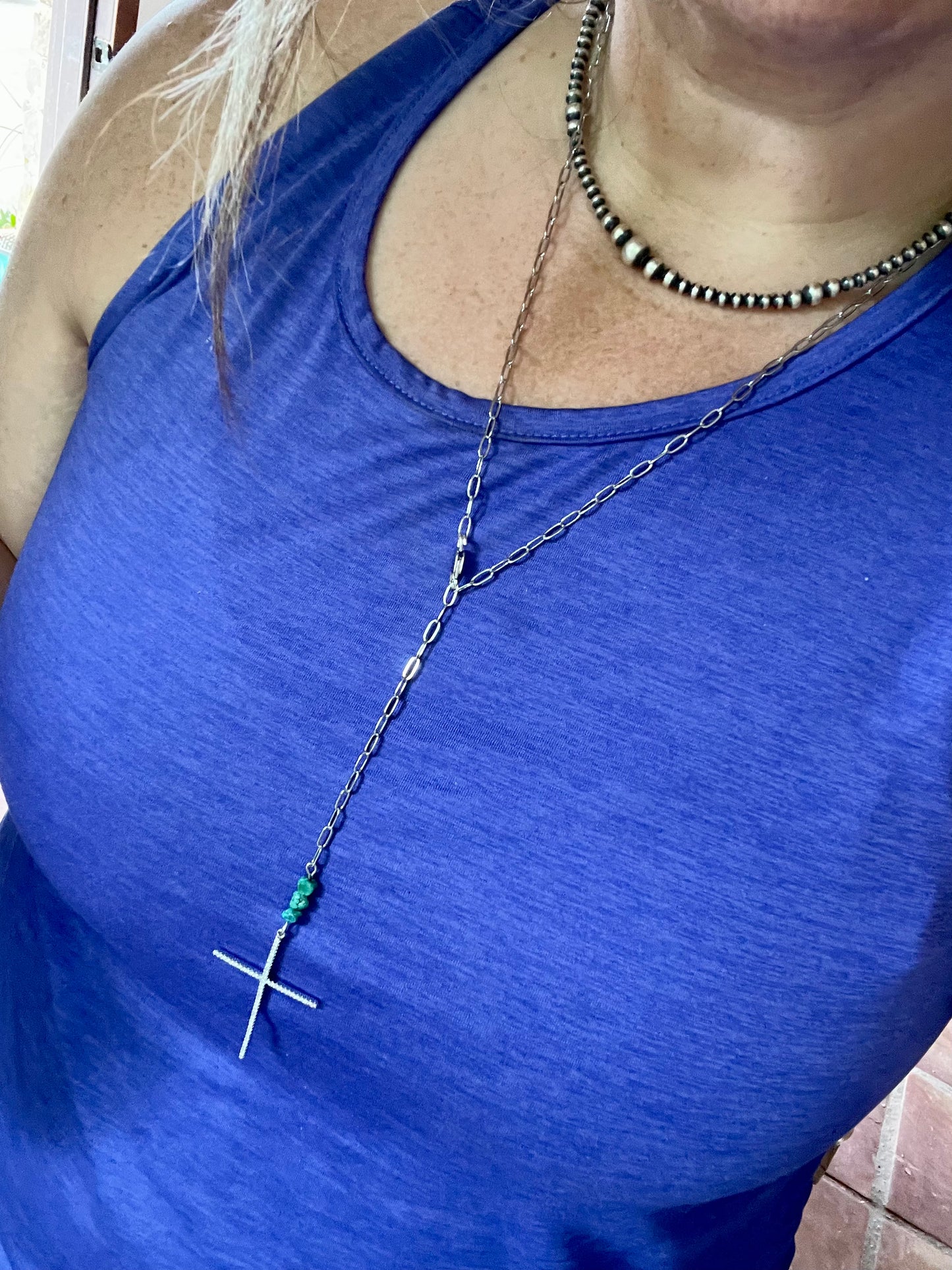 Cross lariat chain with turquoise