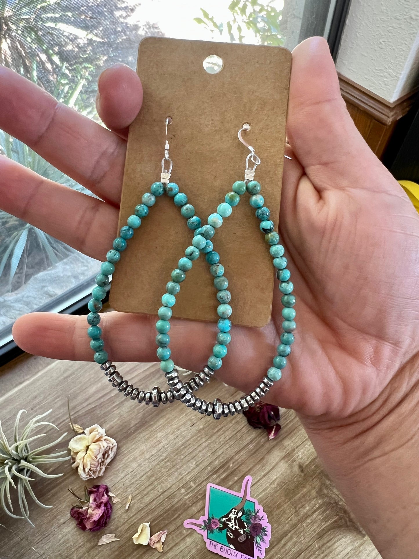 Turquoise earrings teardrop with hematite