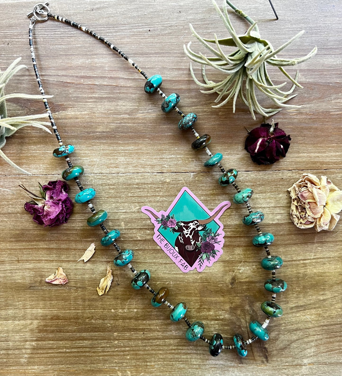 Blue turquoise rondelle necklace with shell