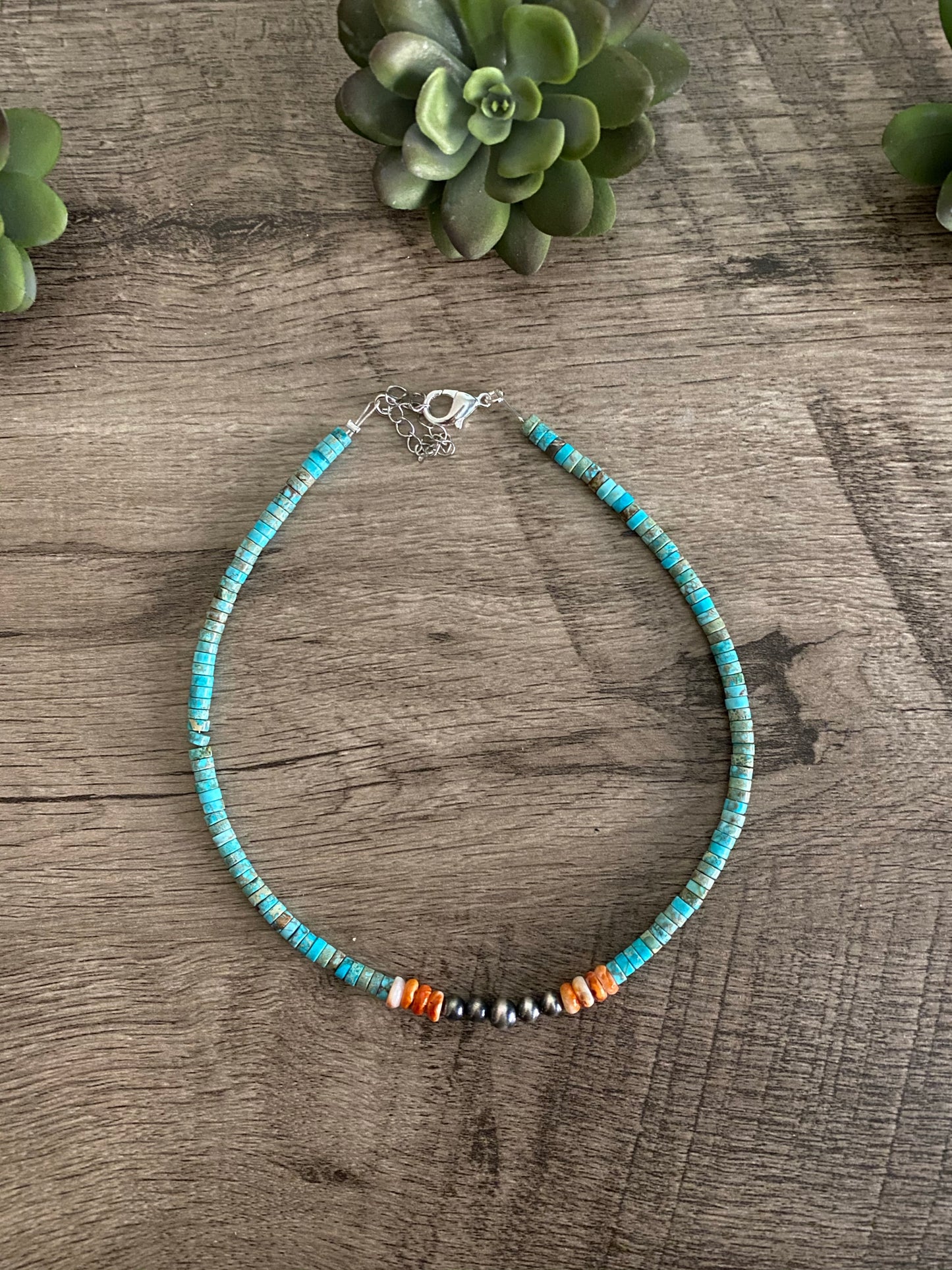 Vibrant choker - Sterling Silver Pearls and spiny on turquoise veracite