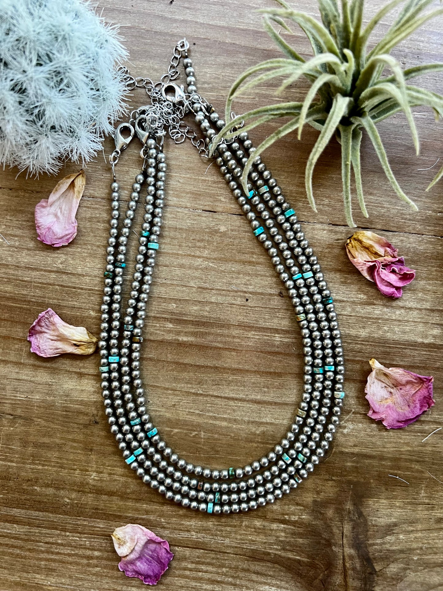 14-inch necklace with 3-inch extender, featuring one-tone silver-plated beads and Verasite turquoise accents. Handmade in the USA by The Bijoux FAB.