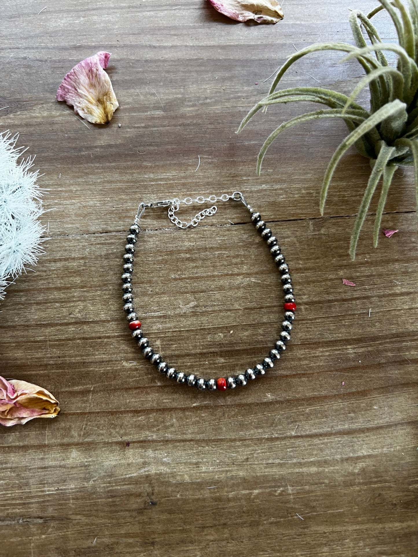 Little bit of orange spiny with Sterling Silver Pearls bracelet