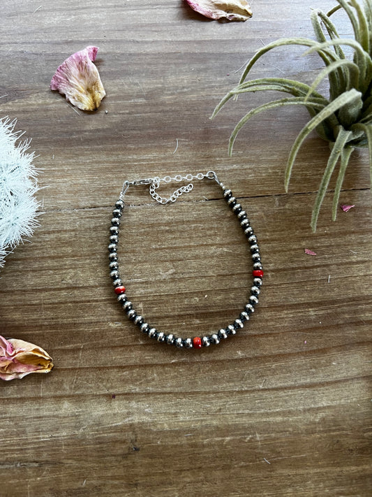 Little bit of orange spiny with Sterling Silver Pearls bracelet