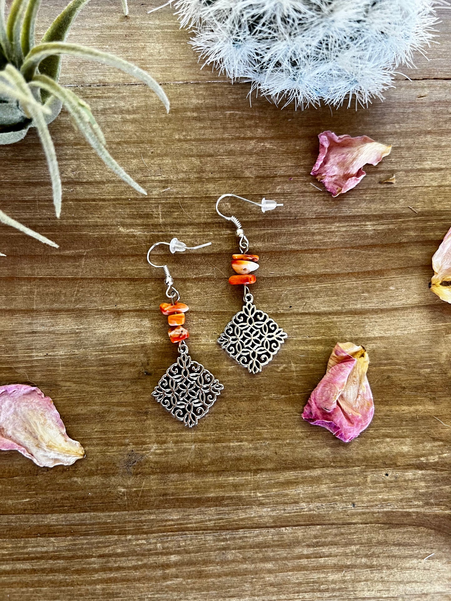 Orange spiny dangle earrings - spring