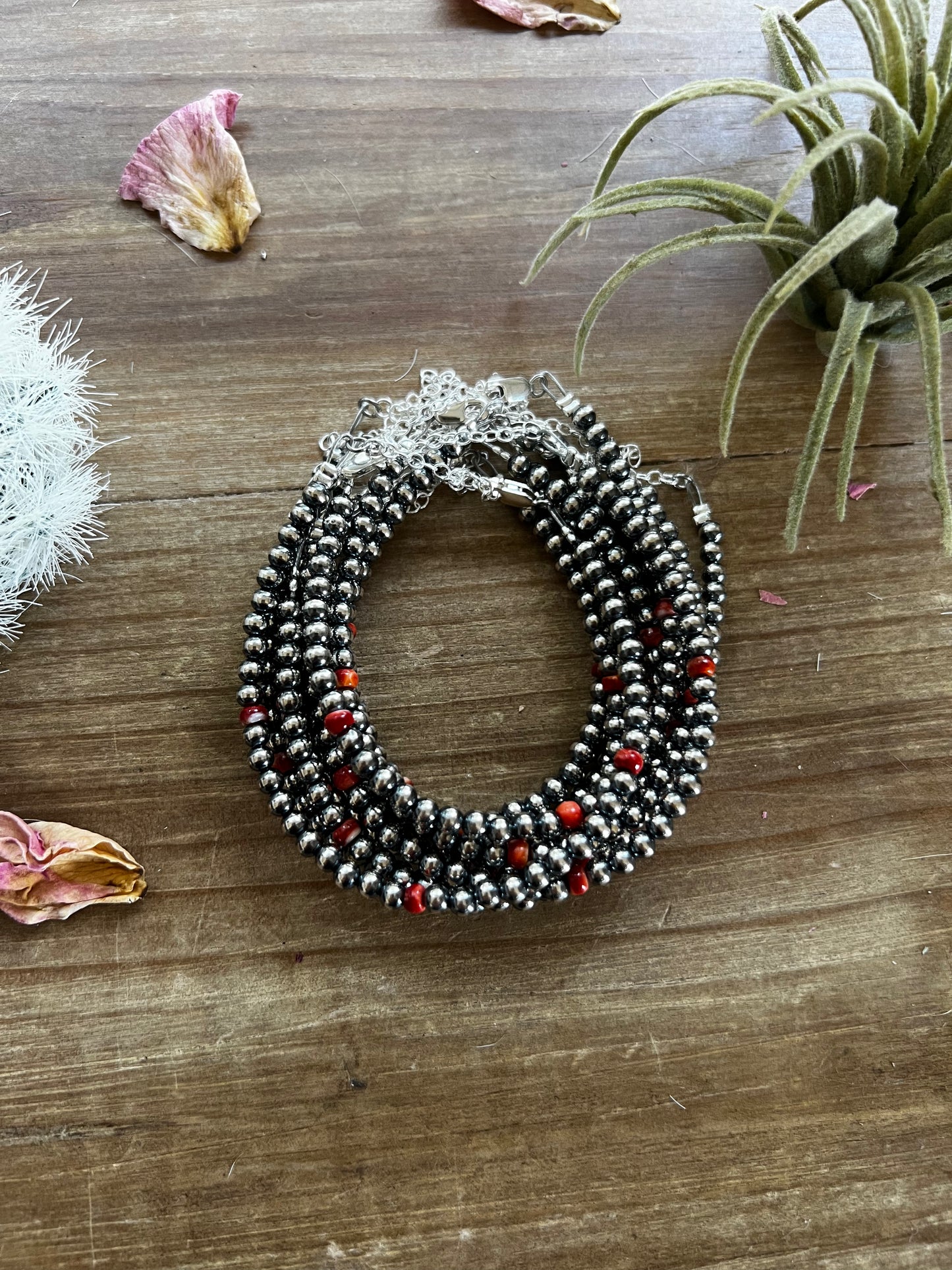 Little bit of orange spiny with Sterling Silver Pearls bracelet