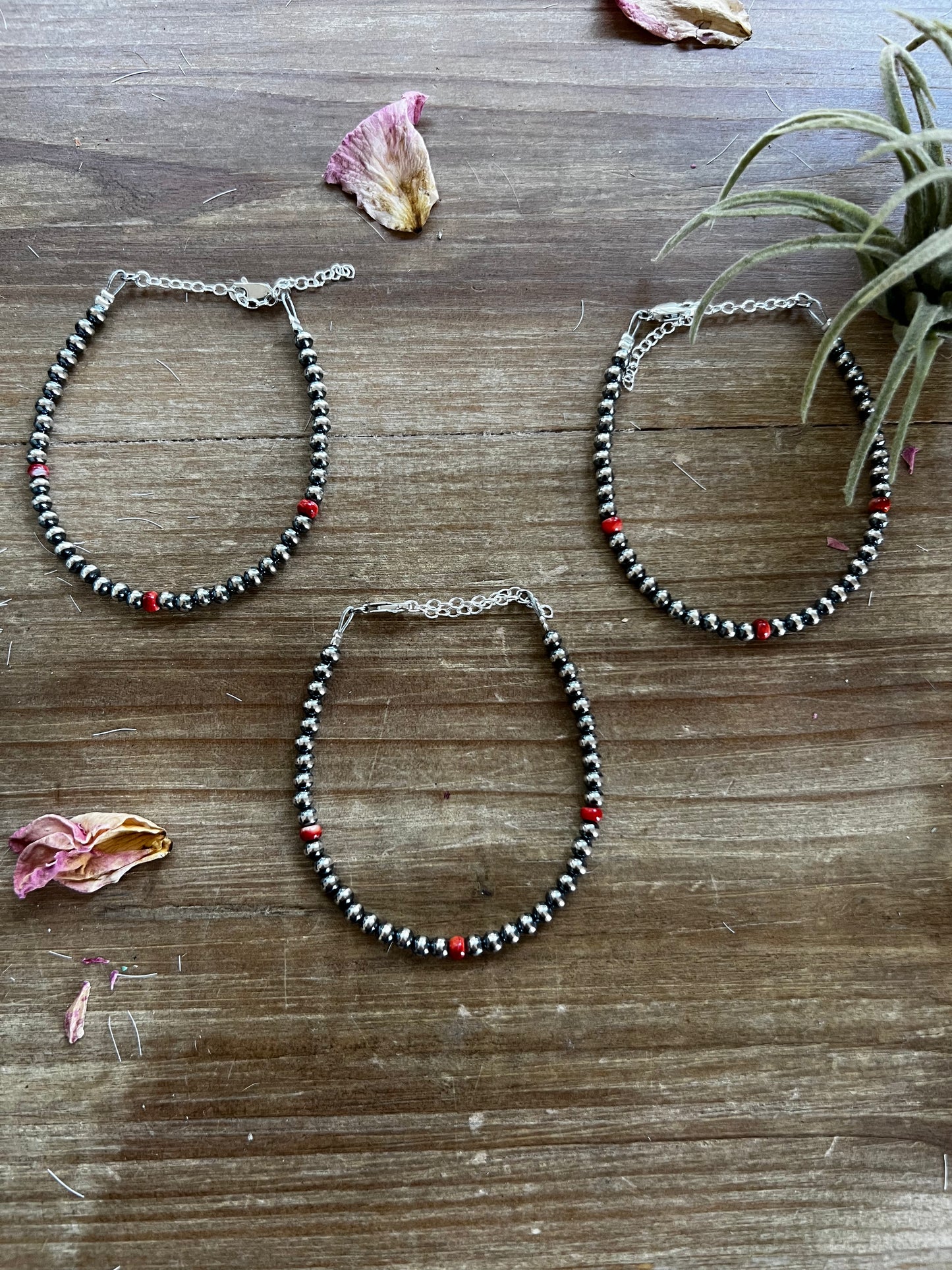 Little bit of orange spiny with Sterling Silver Pearls bracelet