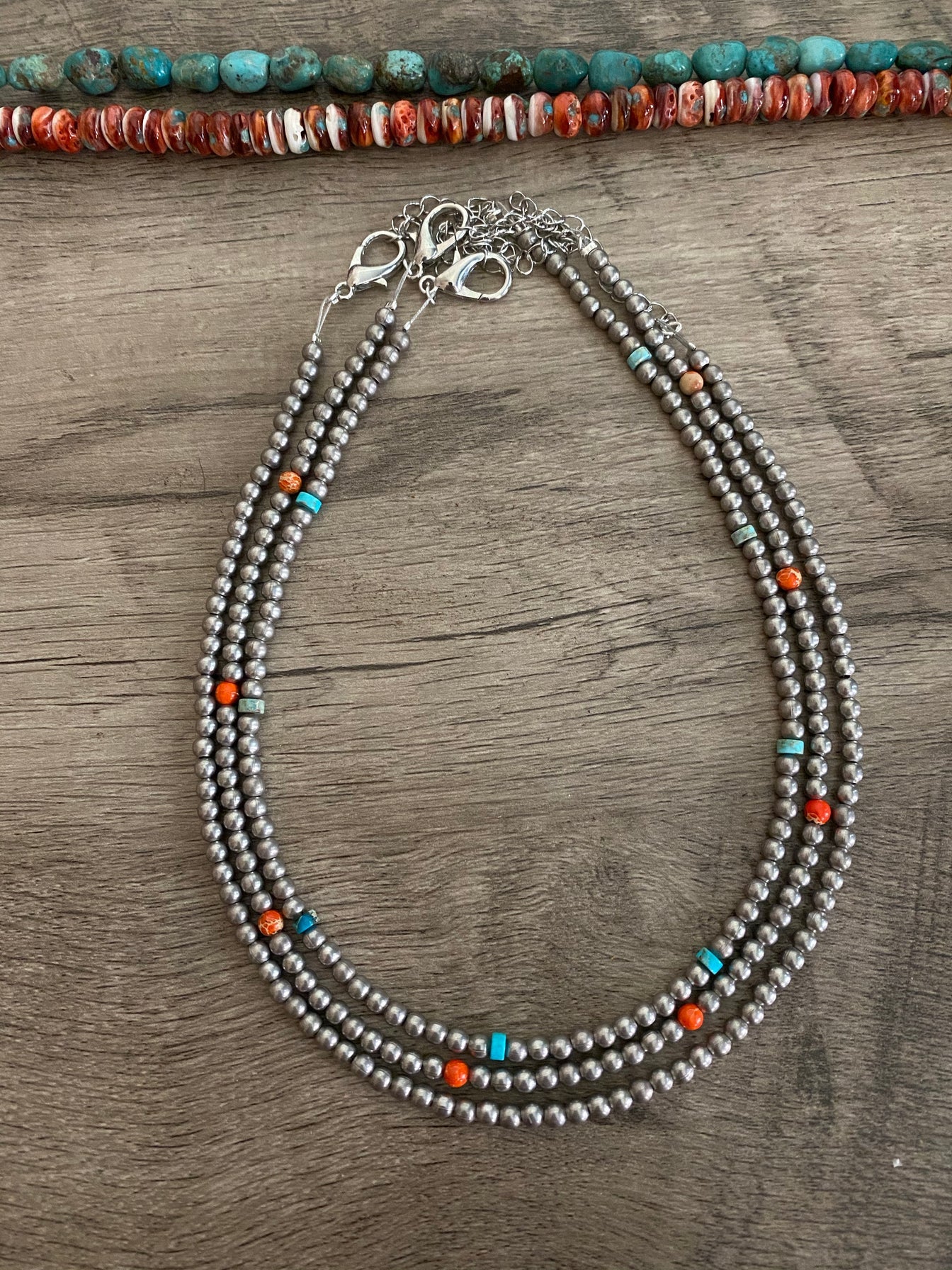 14-inch necklace with 3-inch extender, featuring one-tone silver-plated beads and Verasite turquoise accents. Handmade in the USA by The Bijoux FAB.
