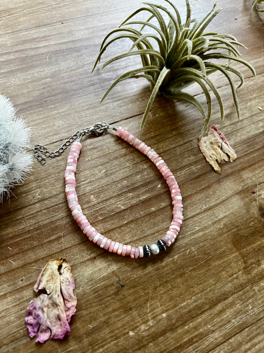 Pink shell summer anklet with Sterling Silver Pearls