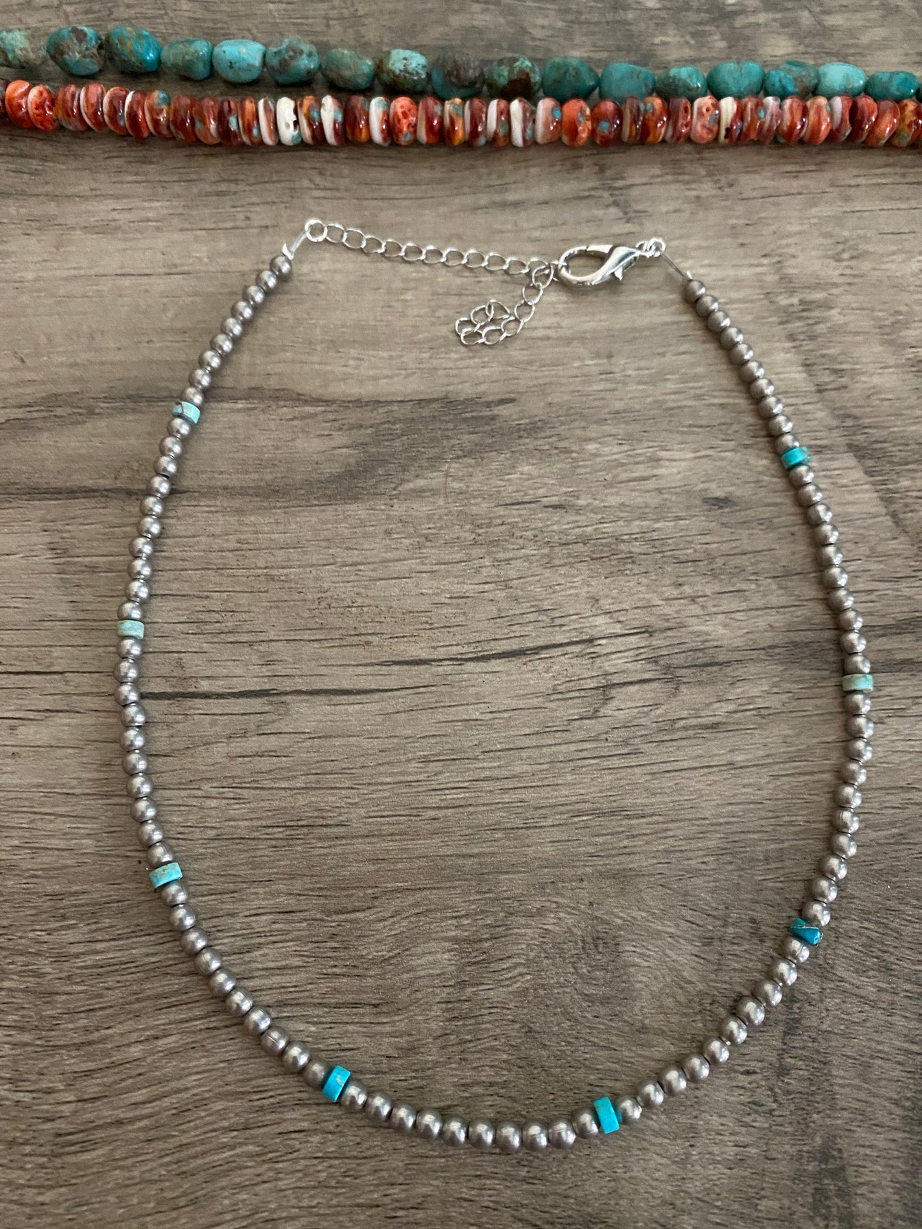 14-inch necklace with 3-inch extender, featuring one-tone silver-plated beads and Verasite turquoise accents. Handmade in the USA by The Bijoux FAB.