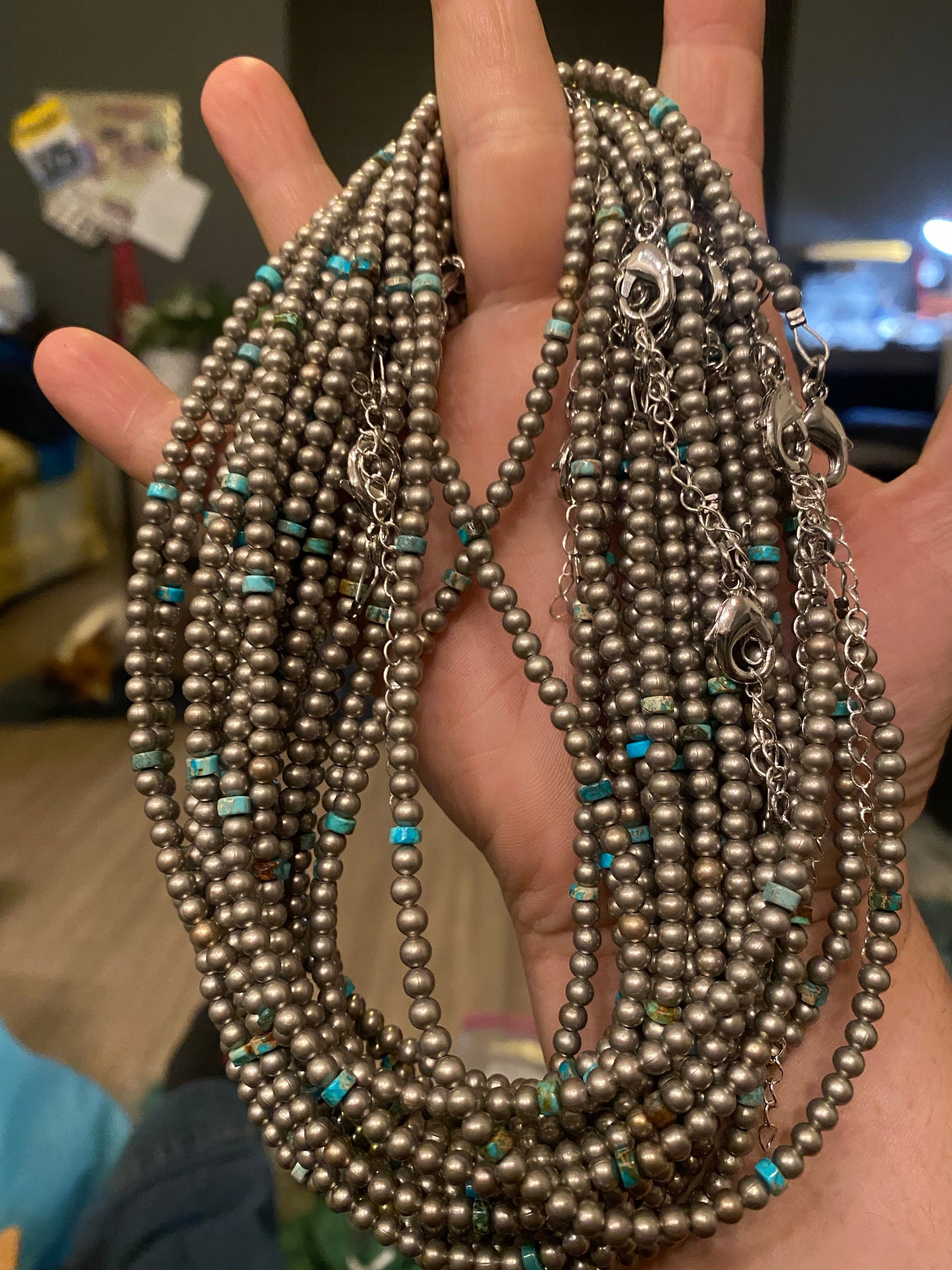 14-inch necklace with 3-inch extender, featuring one-tone silver-plated beads and Verasite turquoise accents. Handmade in the USA by The Bijoux FAB.
