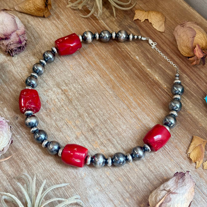 Dyed Red Coral Barrel & Sterling Silver Pearl Necklace