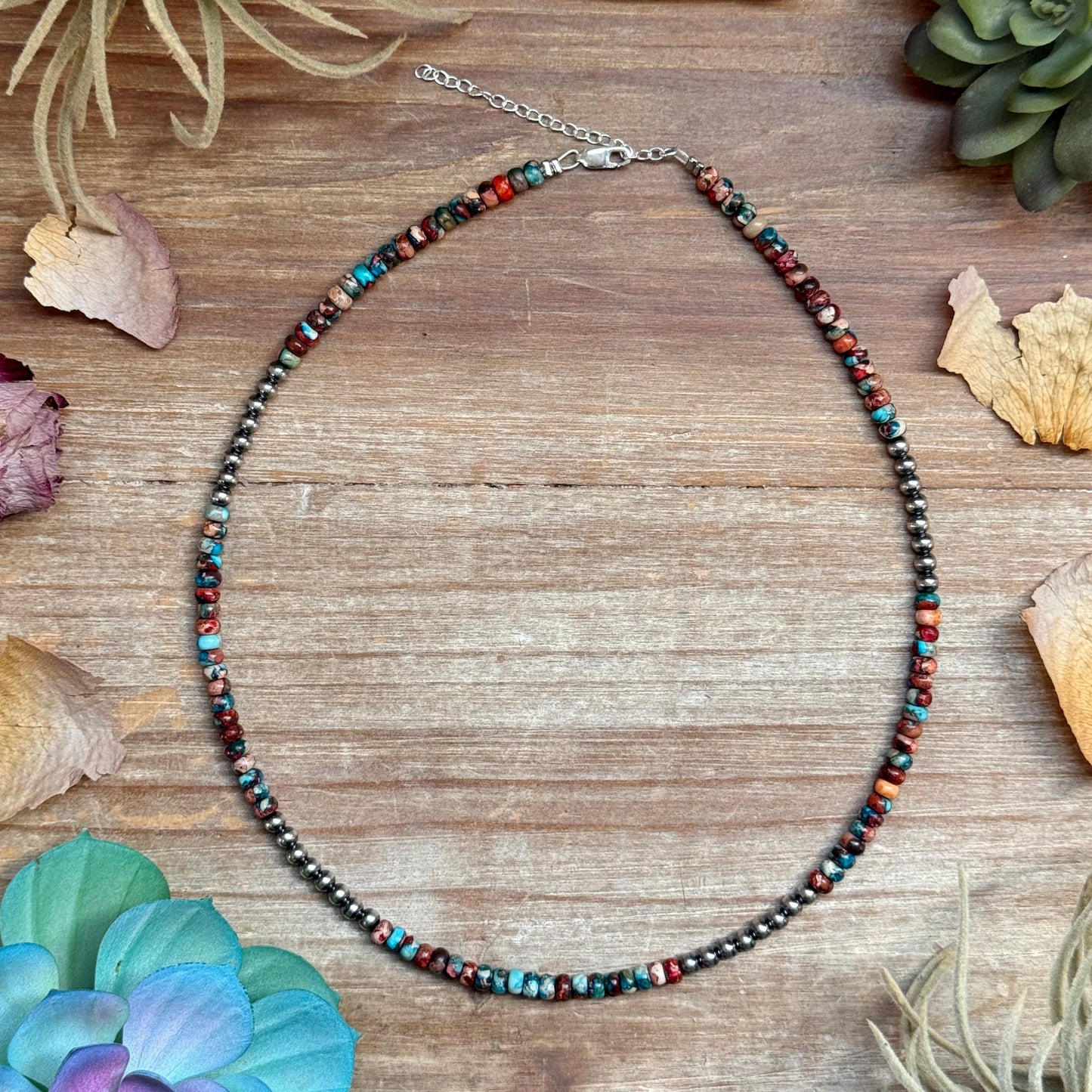 17 inch blue and pink sea sediment necklace with sterling silver findings handmade in the USA by The Bijoux FAB