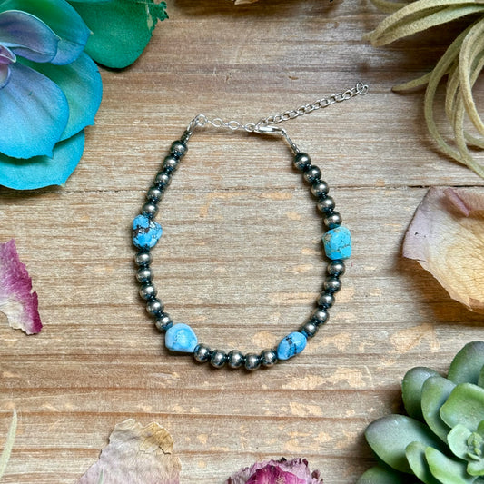 Golden Hill Turquoise Bracelet – 5mm Sterling Silver Pearls