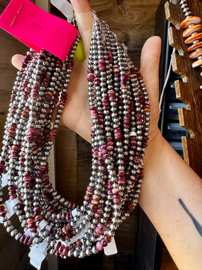 Handmade 18-inch sterling silver pearl necklace with deep purple spiny oyster beads and extender, limited edition by The Bijoux FAB