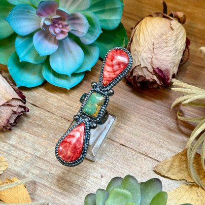 Adjustable sterling silver ring with red spiny oyster and green turquoise handmade by MJ for The Bijoux FAB