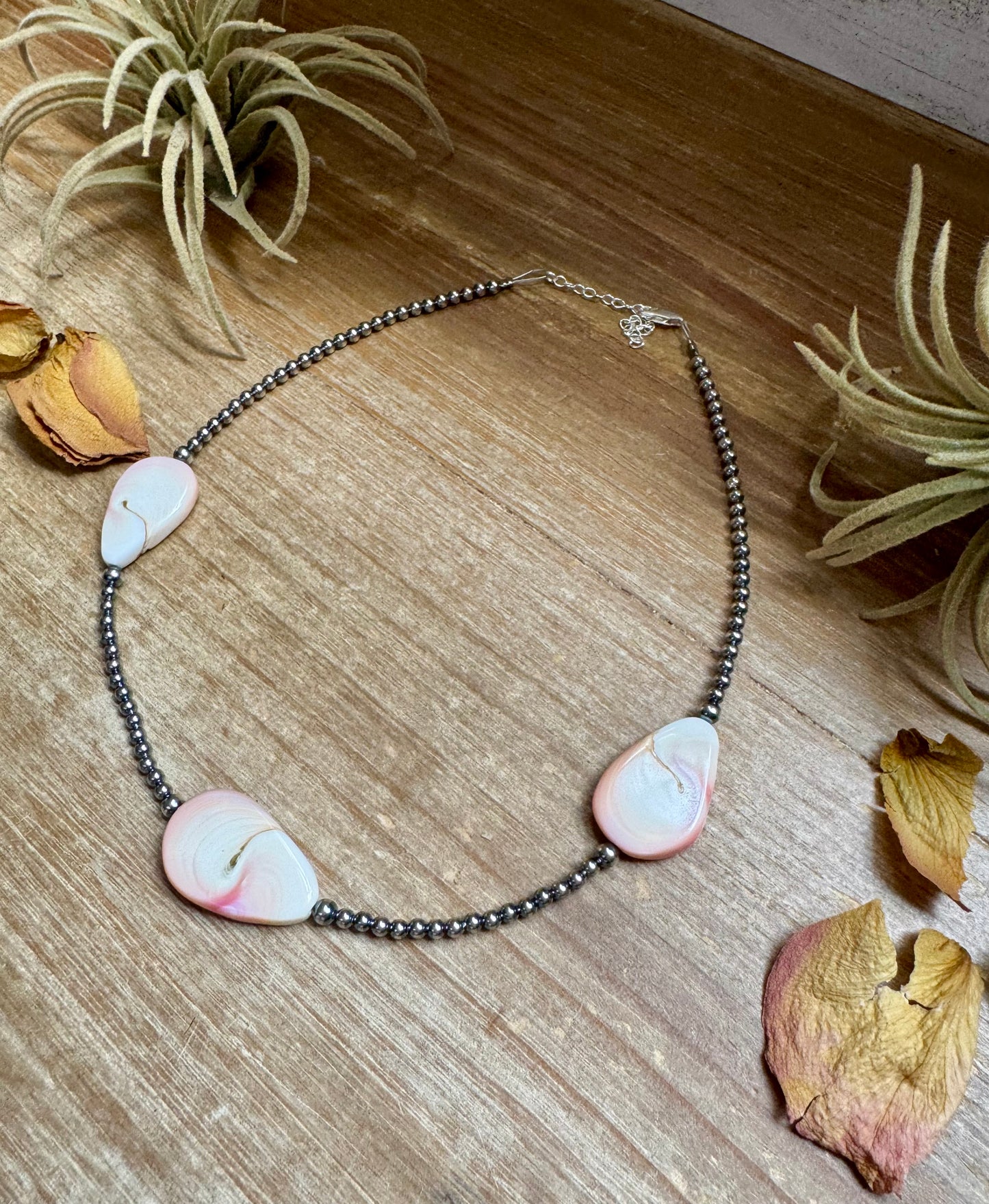 Sterling Silver Choker – 4 Flat Pink Conch Teardrops – 14.5" Approx.