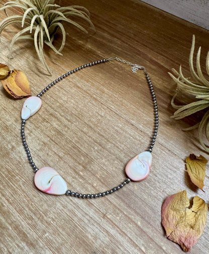 Sterling Silver Choker – 4 Flat Pink Conch Teardrops – 14.5" Approx.