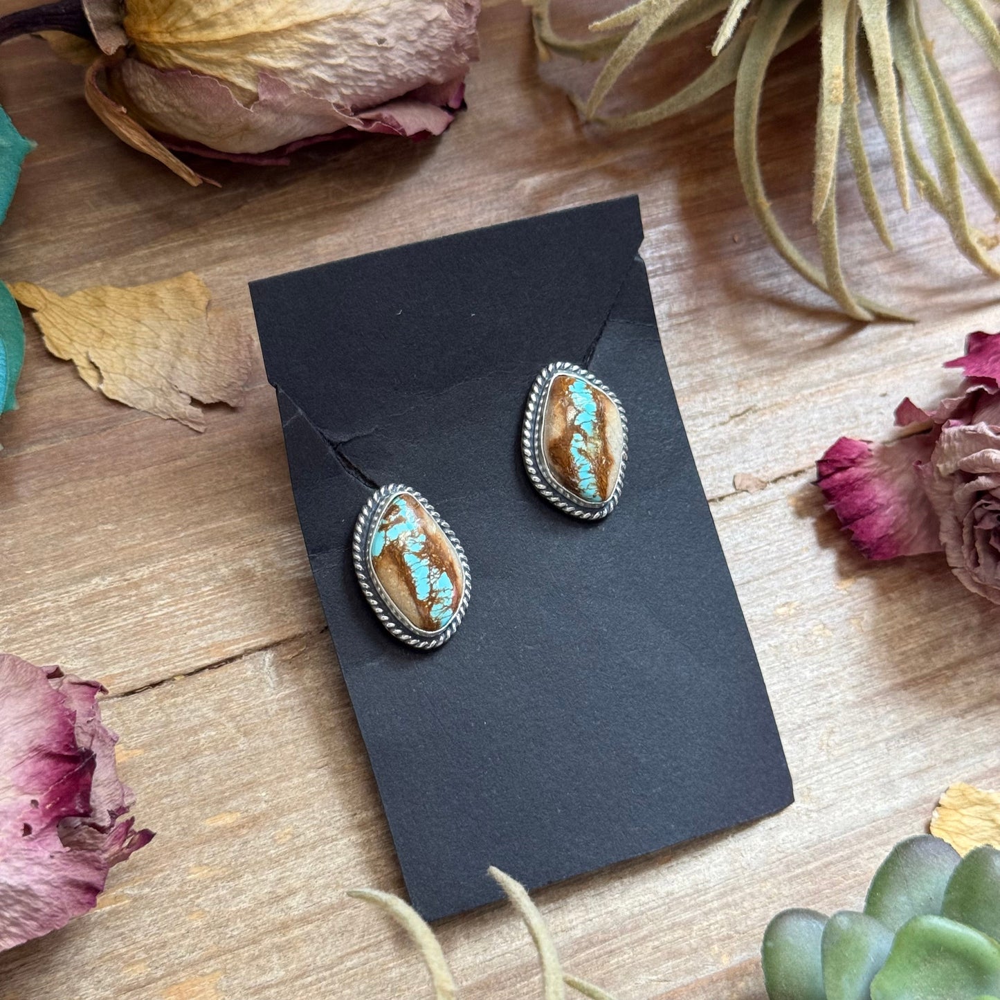 29 - Sterling Silver Ribbon Royston Turquoise Stud Earrings by Jason Ogg