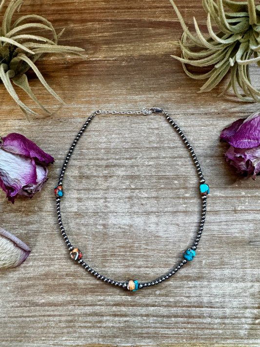 Sterling silver pearl necklace with five mixed turquoise and spiny oyster beads, handmade by The Bijoux FAB in the USA, 15" plus extender