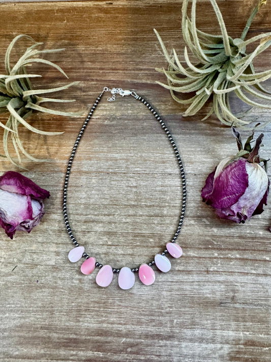 14-inch sterling silver pearl choker with seven pink conch petal teardrop beads, handmade by The Bijoux FAB in the USA