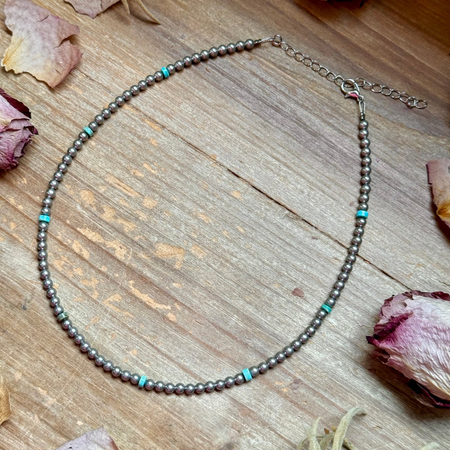15” Variscite Turquoise Heishi Necklace –  4mm Silver Plated beads