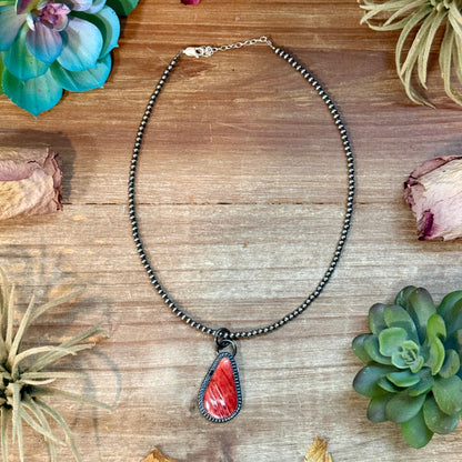 
Red spiny oyster sterling silver pendant with free sterling silver pearl necklace handmade by The Bijoux FAB
