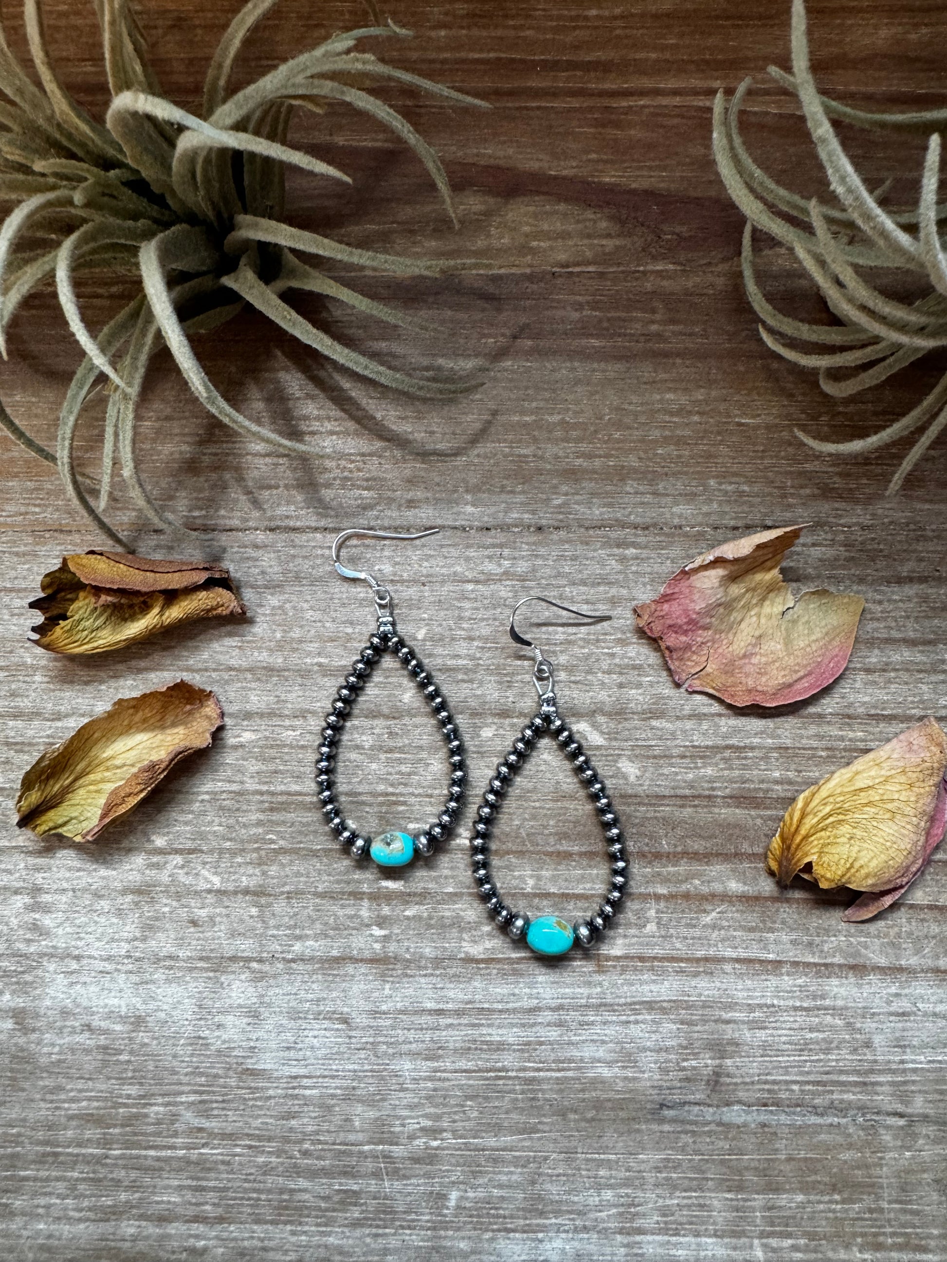 Sleeping Beauty turquoise teardrop earrings with sterling silver saucer beads, handmade by The Bijoux FAB