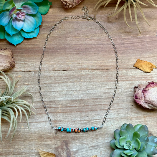 New Mojave Turquoise, Spiny Oyster & Sterling Silver Pearl Paperclip Necklace