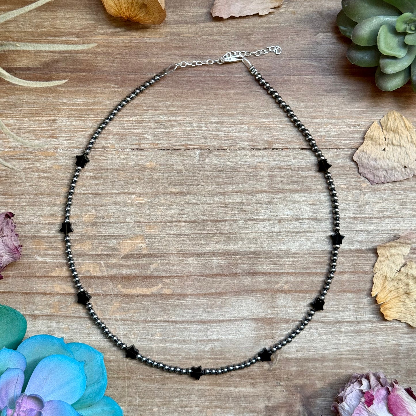 15 inch black onyx star necklace with 3mm sterling silver pearls handmade in the USA by The Bijoux FAB