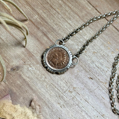 91 - Sterling Silver Indian Head Penny Hand-Filed Frame Fixed Chain Necklace by Jason Ogg