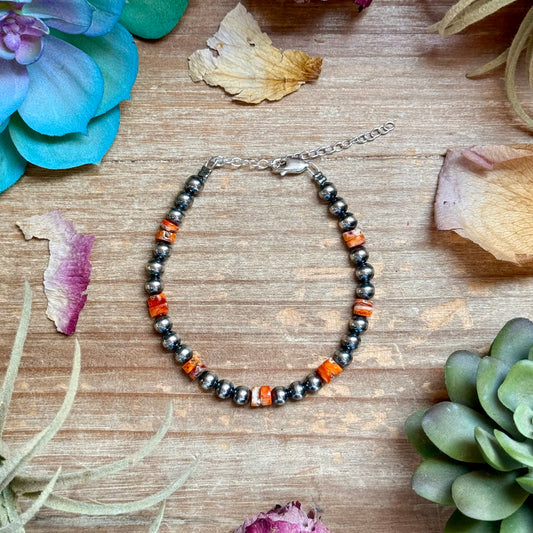 Sterling Silver Pearl Bracelet with Red-Orange Spiny Oyster Heishi