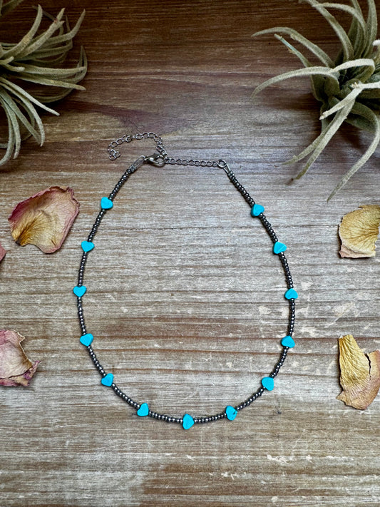 Handmade 14-inch necklace with antique silver glass seed beads and turquoise variscite heart center, made by The Bijoux FAB