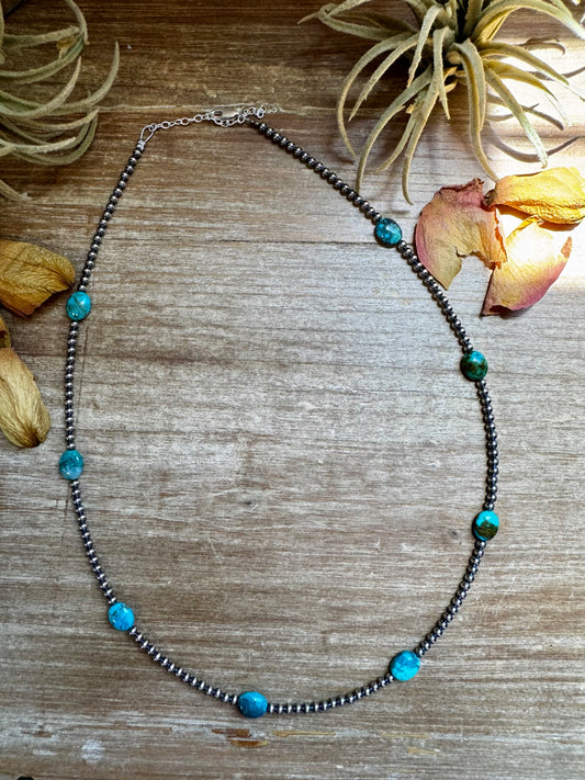 21-inch sterling silver pearl necklace with high-grade flat oval turquoise beads, handmade by The Bijoux FAB