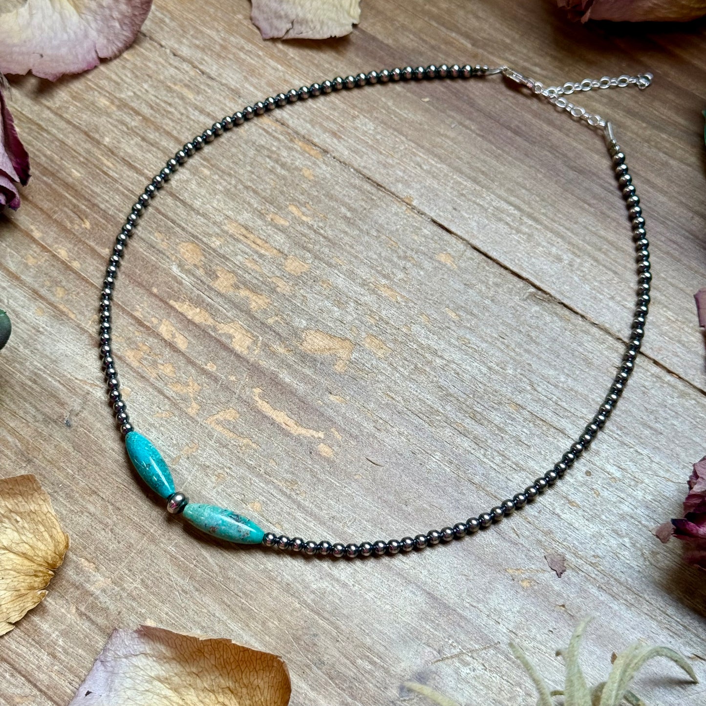 15-Inch Sterling Silver Pearl & Blue Turquoise Torpedo Choker