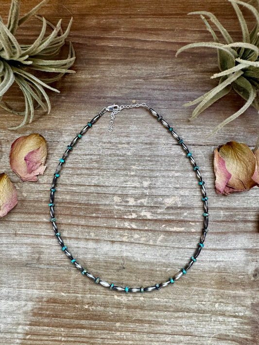 Handmade 14.5-inch turquoise choker with alternating 4mm rondelle and 3x9mm torpedo beads, plus extender, made by The Bijoux FAB