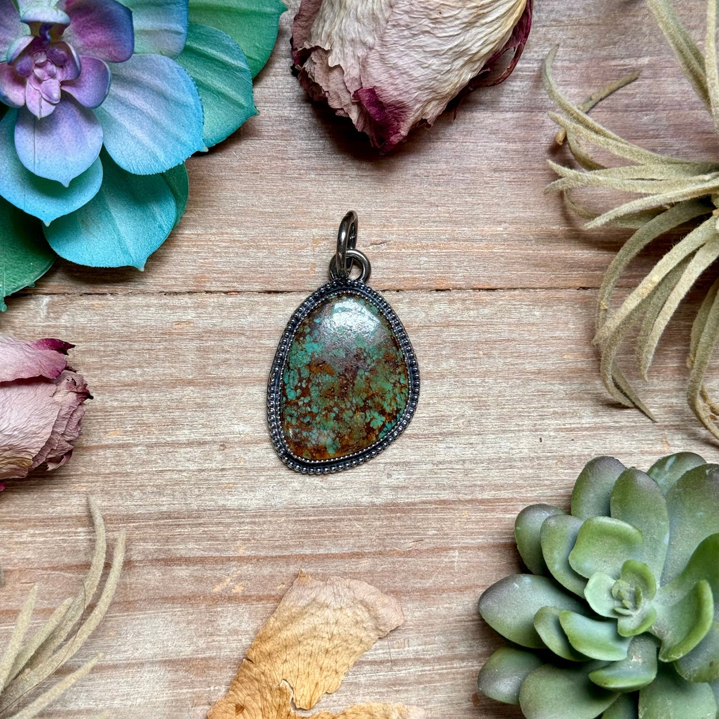 Freeform brown and green turquoise sterling silver pendant handmade in the USA by The Bijoux FAB
