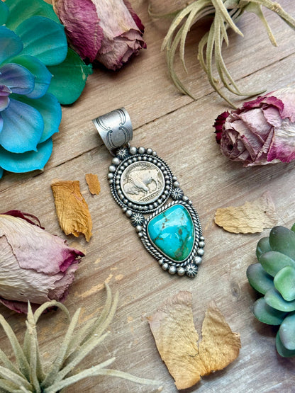 70 - Sterling Silver Pilot Mountain Turquoise & Buffalo Nickel Pendant by Shay Pfeiffer