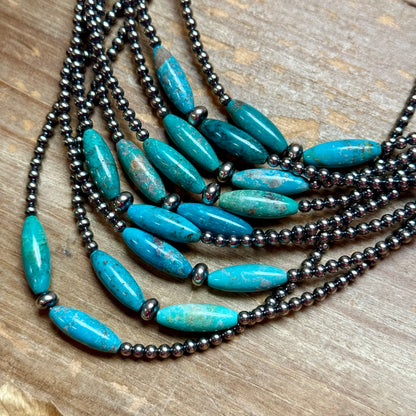 15-Inch Sterling Silver Pearl & Blue Turquoise Torpedo Choker