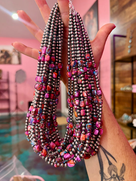 19.5-Inch Pink Mojave-Style Turquoise & Sterling Silver Pearl Necklace
