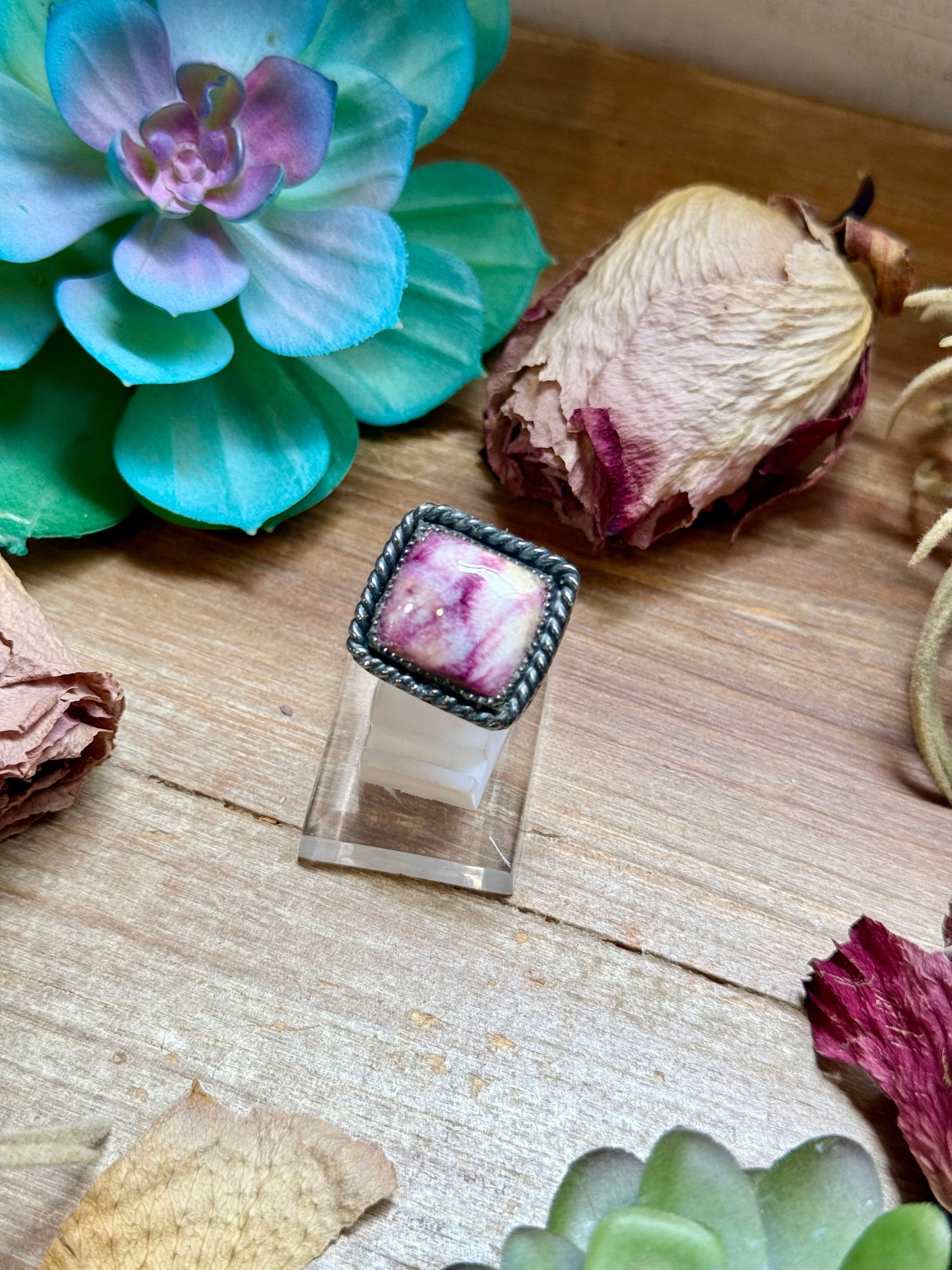 purple spiny oyster white shell square adjustable sterling silver ring handmade USA