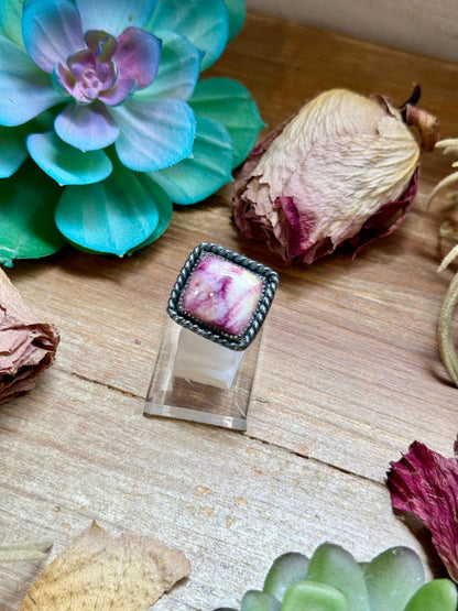 purple spiny oyster white shell square adjustable sterling silver ring handmade USA
