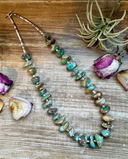 Statement necklace with 3mm shell beads and large freeform green turquoise nuggets, handmade by The Bijoux FAB in the USA