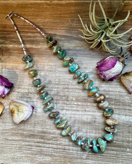Statement necklace with 3mm shell beads and large freeform green turquoise nuggets, handmade by The Bijoux FAB in the USA
