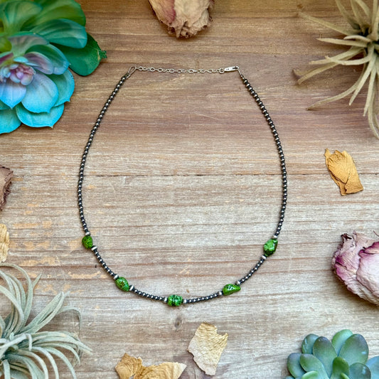 New Green Nugget Turquoise & Sterling Silver Pearl Necklace