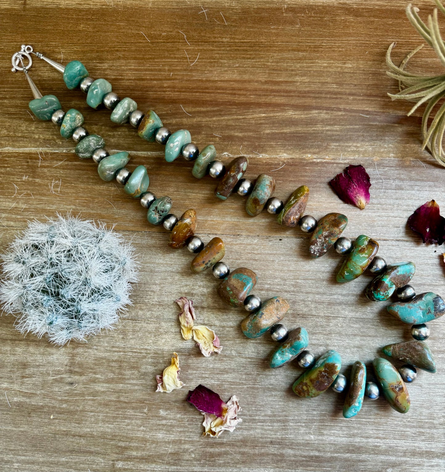 One of a kind - 24 inch long turquoise and 10 mm sterling silver pearls