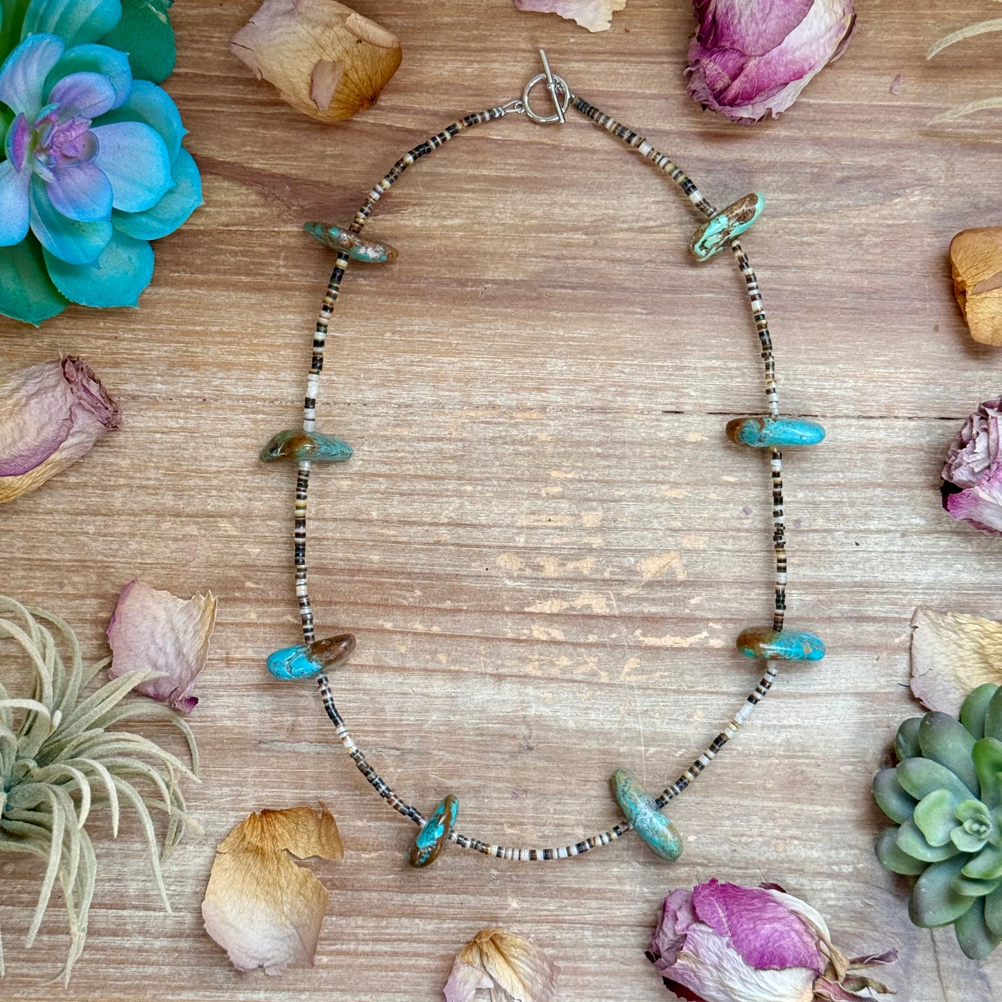 22 inch chunky turquoise and dark brown shell heishi necklace with non tarnish hook handmade by The Bijoux FAB
