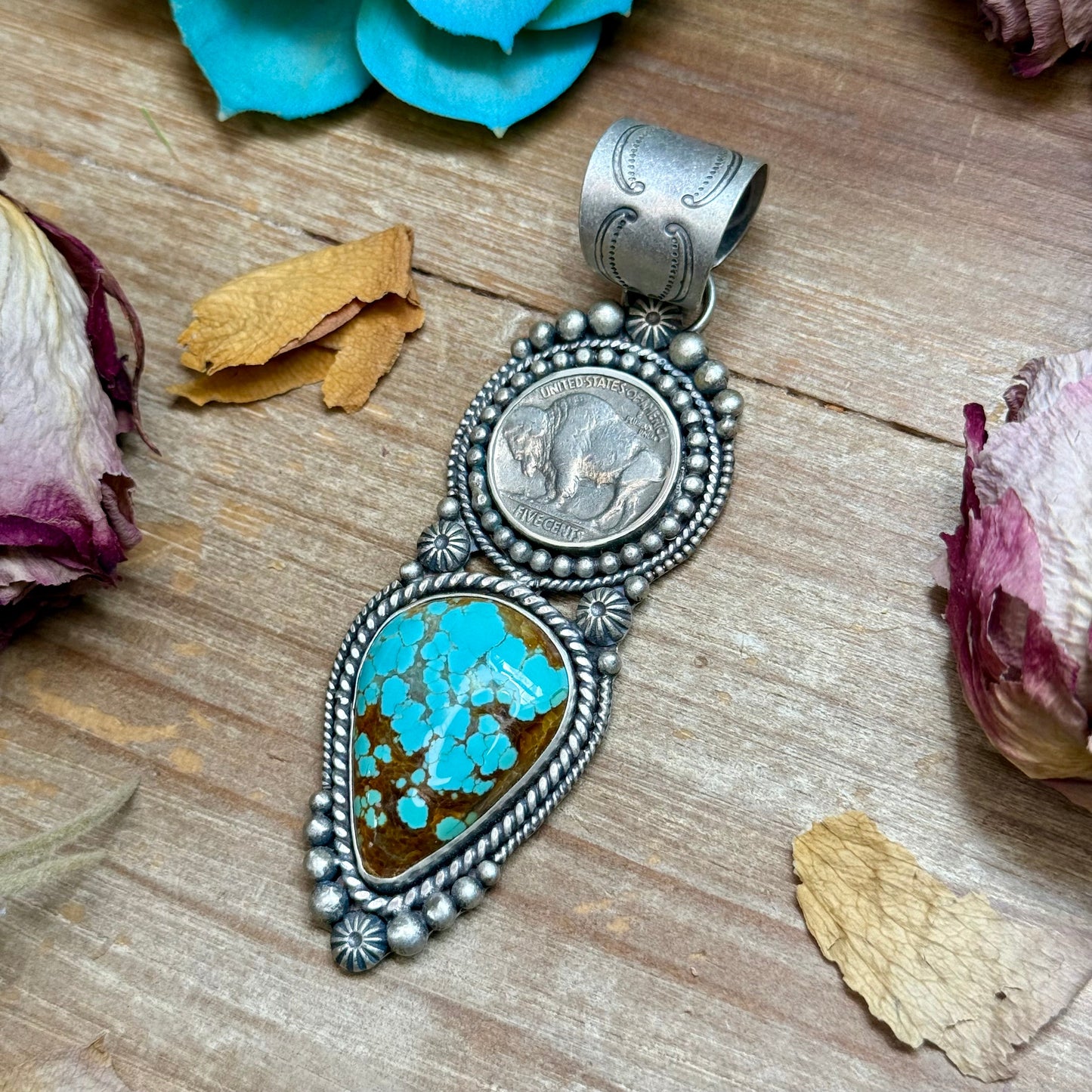 72 - Sterling Silver Mine #8 Turquoise & Buffalo Nickel Pendant by Shay Pfeiffer
